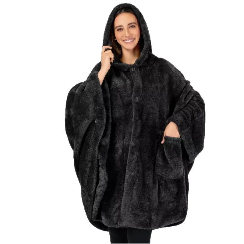 Thick pink hooded bathrobe with long sleeves and a cardigan front, shown on a hanger.