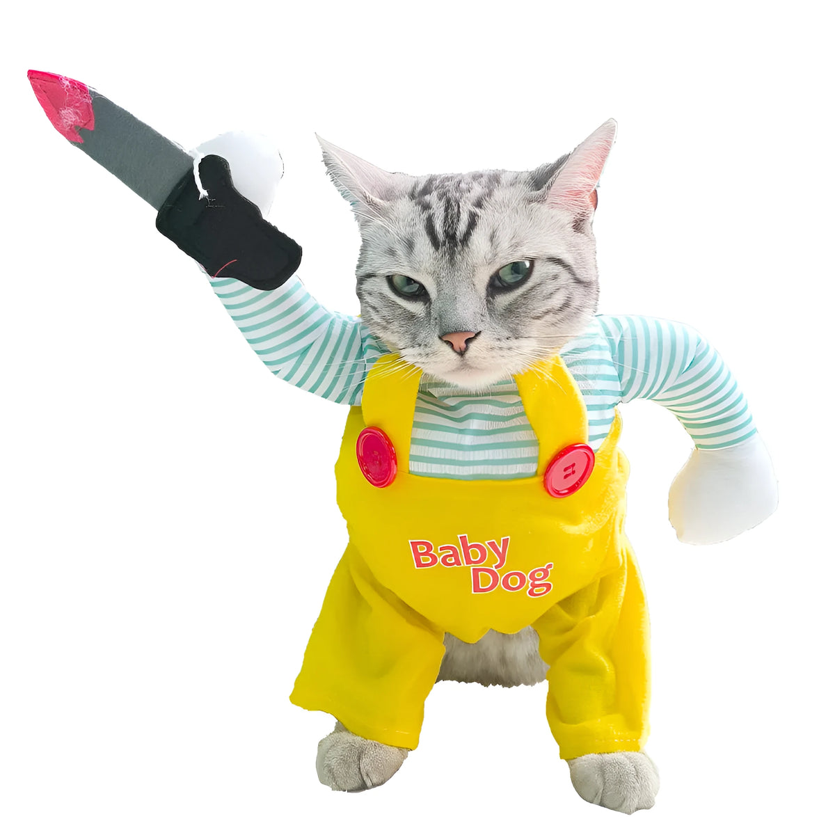 Yellow knife assassin costume for cats on mannequin showing B02405 colour pattern and polyester material