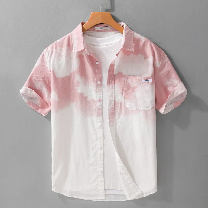 Men's light pink pure cotton short-sleeved shirt with loose cardigan-style fit