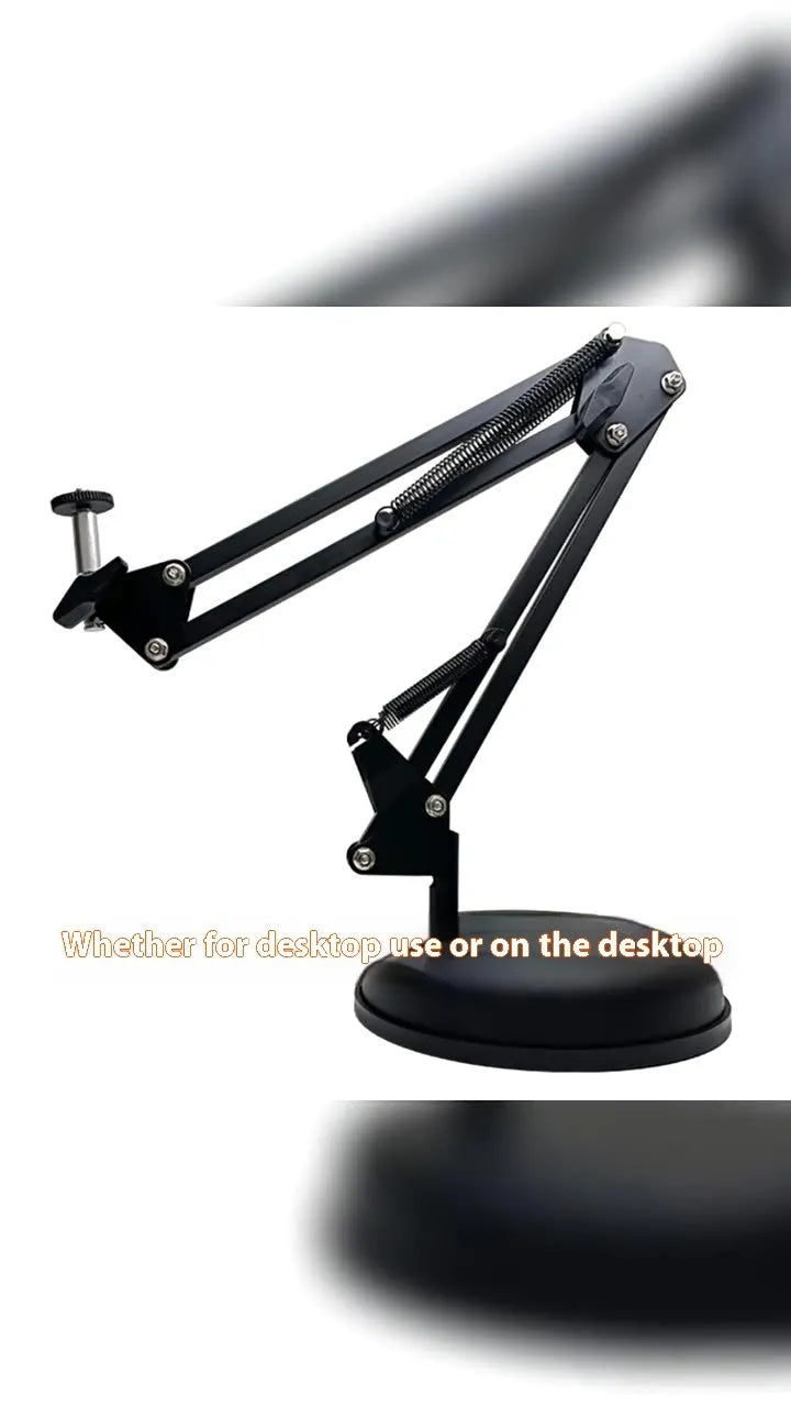 Black foldable metal desktop cantilever bracket holding tablet with adjustable arm