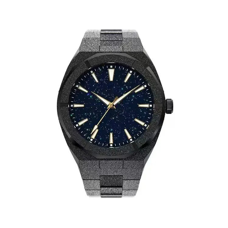 Men's frosted stainless steel business watch with luminous markers on dial in silver colour.