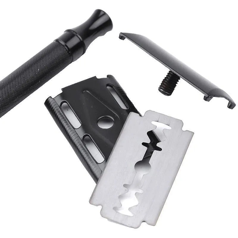 Manual stainless steel shaver and brush set for traditional wet shaving in black or silver finish