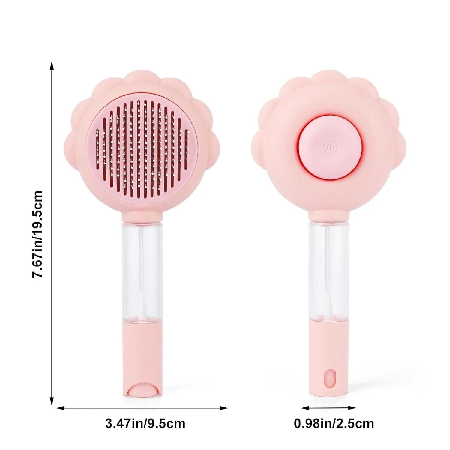 Grey spray cat brush with a release button and stainless steel bristles on a white background.