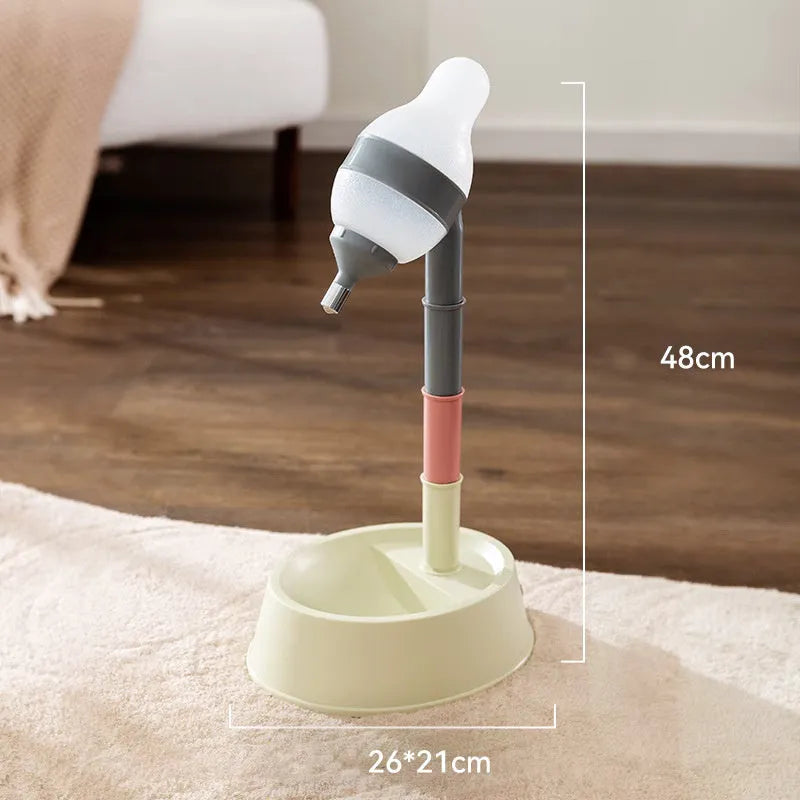 Green adjustable height pet water dispenser with detachable pole and separate bowl