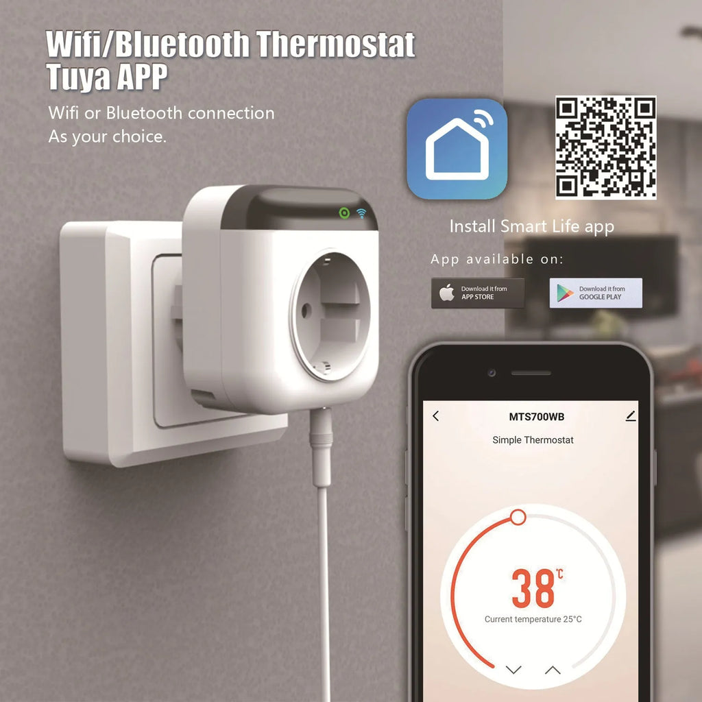 White Tuya smart socket with temperature probe, US 3-pin outlet, WiFi enabled for remote control