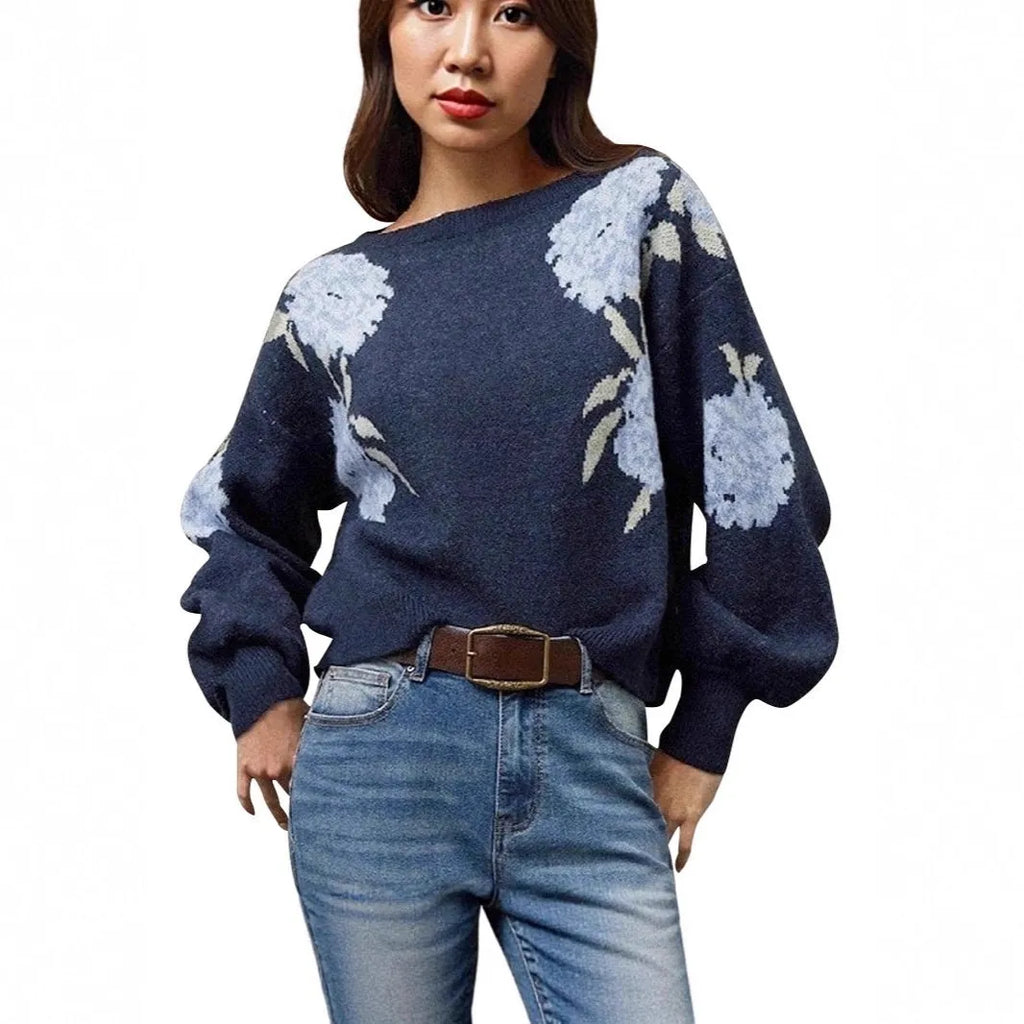 Sapphire blue women's pullover with floral jacquard pattern, loose fit with regular sleeves