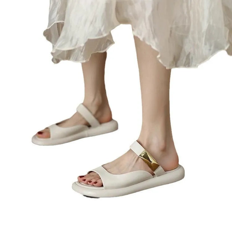 Women's apricot leather peep toe platform sandals with flat rubber soles