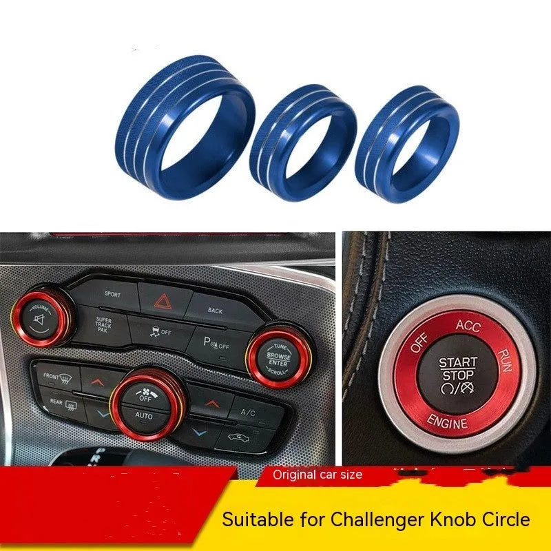 Aluminium alloy decorative ring for Dodge Grand Cherokee AC knob in various colours including blue, black, and gold for 2015-2022 models.