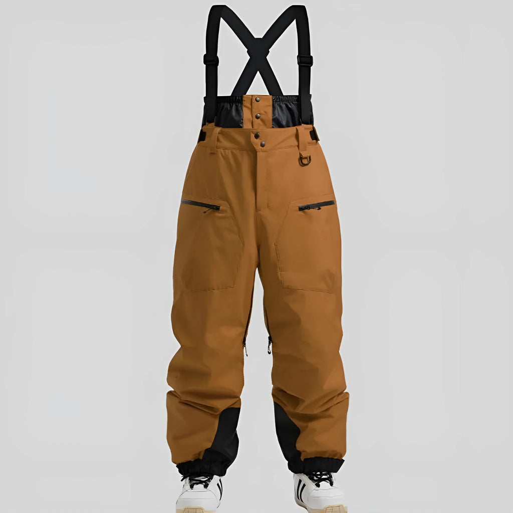 Men's black waterproof ski trousers with reinforced straps and flame-retardant linen fabric.