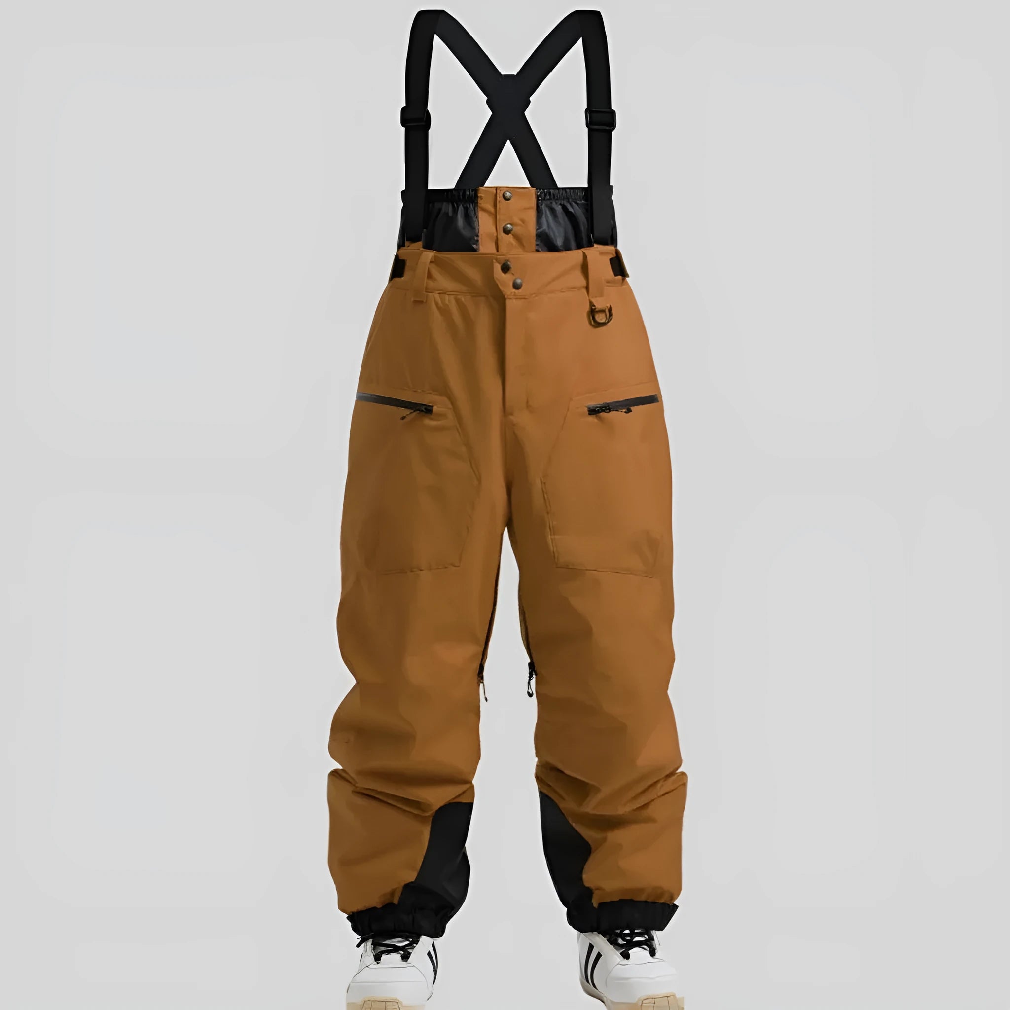 Men's black waterproof ski trousers with reinforced straps and flame-retardant linen fabric.