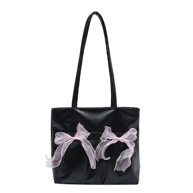 Black college style bow tote bag with large capacity and double shoulder straps