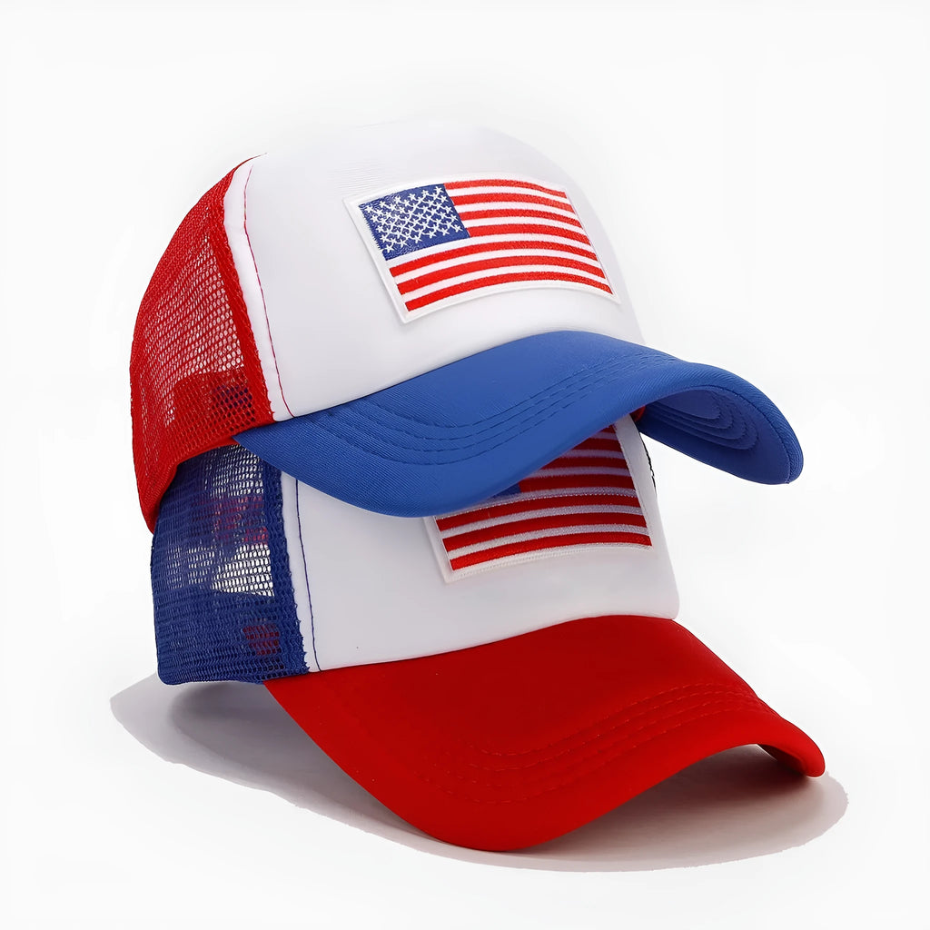 Red and blue contrast adjustable baseball cap with breathable mesh fabric.
