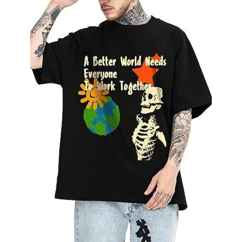 A man wearing a printed short-sleeved casual sports t-shirt, showing one of the ten available design styles.