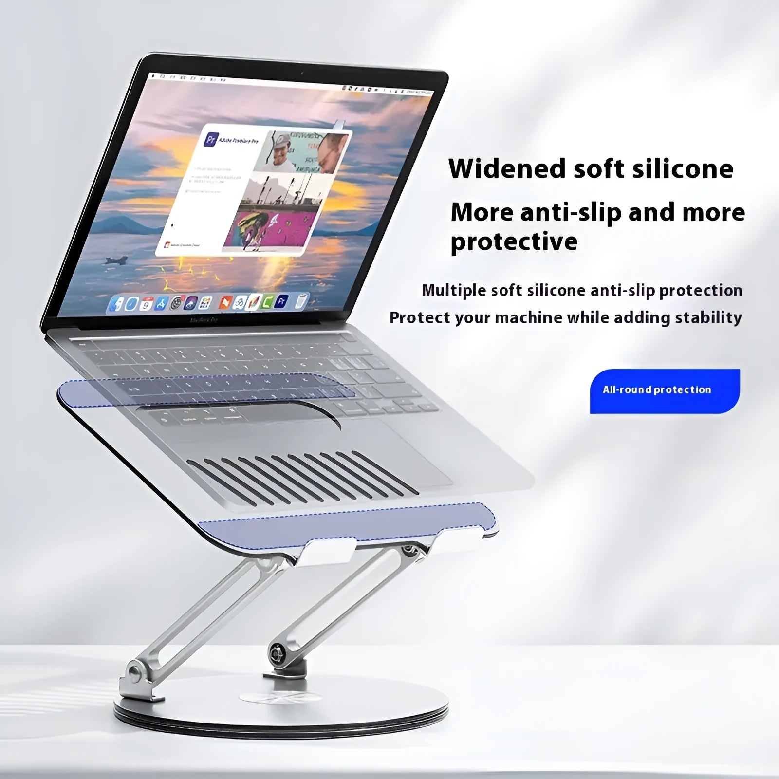Silver aluminium laptop stand showing rotation and lifting features