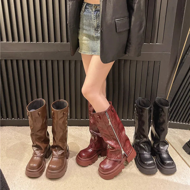 Platform muffin pants Martin boots with square heel in artificial PU, available in Black, Brown and Wine Red colours