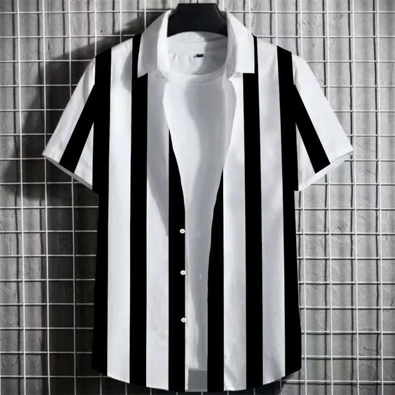 Man wearing a striped linen short-sleeve T-shirt with a 3D printed pattern.
