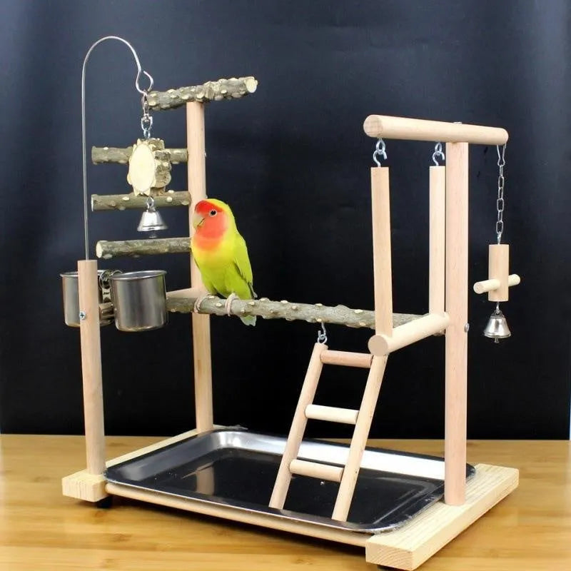 Parrot toy stand with bird swing and perch made from natural pepper wood