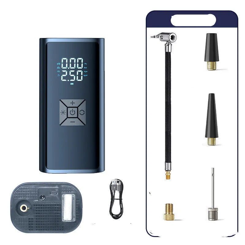 Portable wireless digital display car tyre pump with inflatable tube and power cord