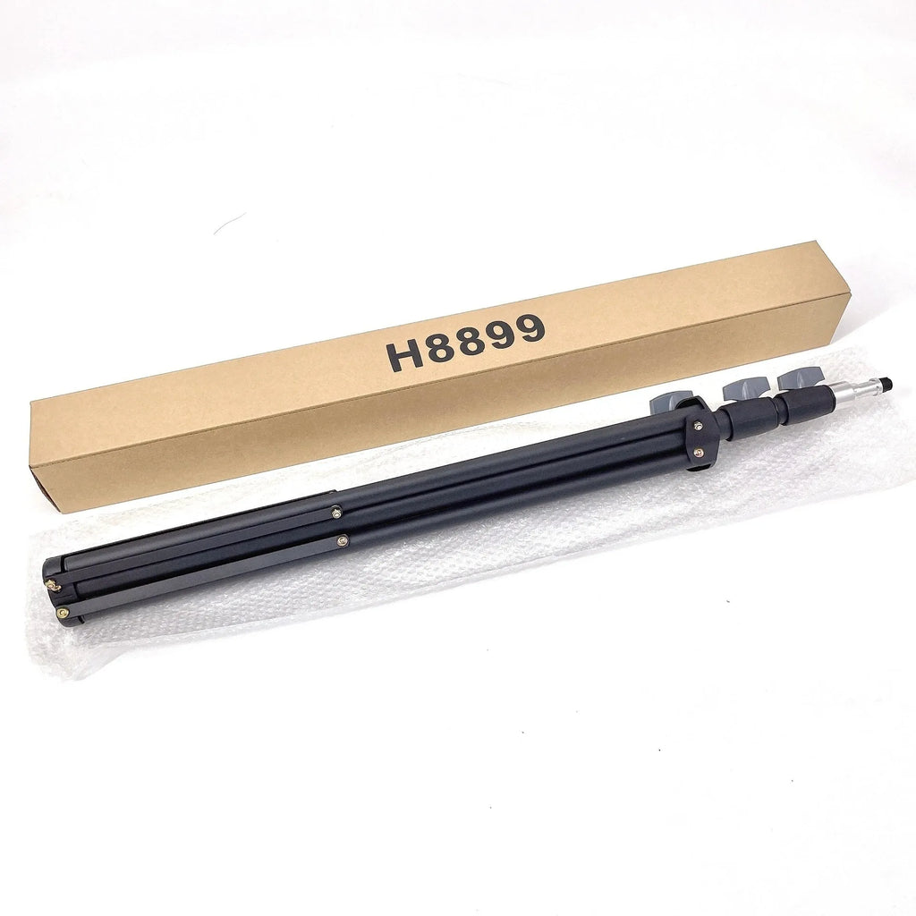 Black retractable mobile phone tripod with 1.1m, 1.6m, and 2.1m heights, metal ABS nylon build, 7kg load.