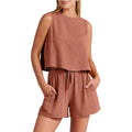 Women's summer two-piece set with sleeveless top and drawstring shorts in multiple colour options