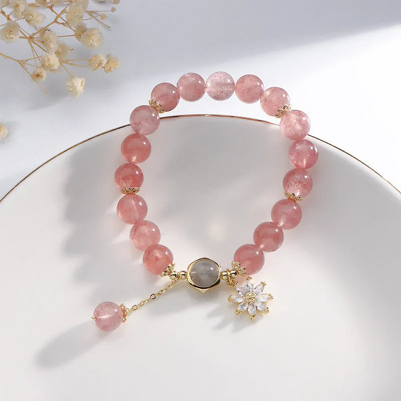 Strawberry quartz crystal bracelet with Mori style design and floral elements