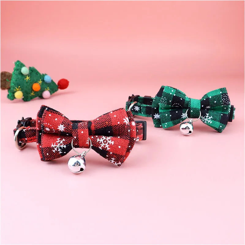 Red and green tartan pet collar with detachable bowtie, 30cm long, 1cm wide, for cats and dogs