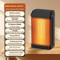 Black remote control desktop warm air blower heater with compact design on wooden surface