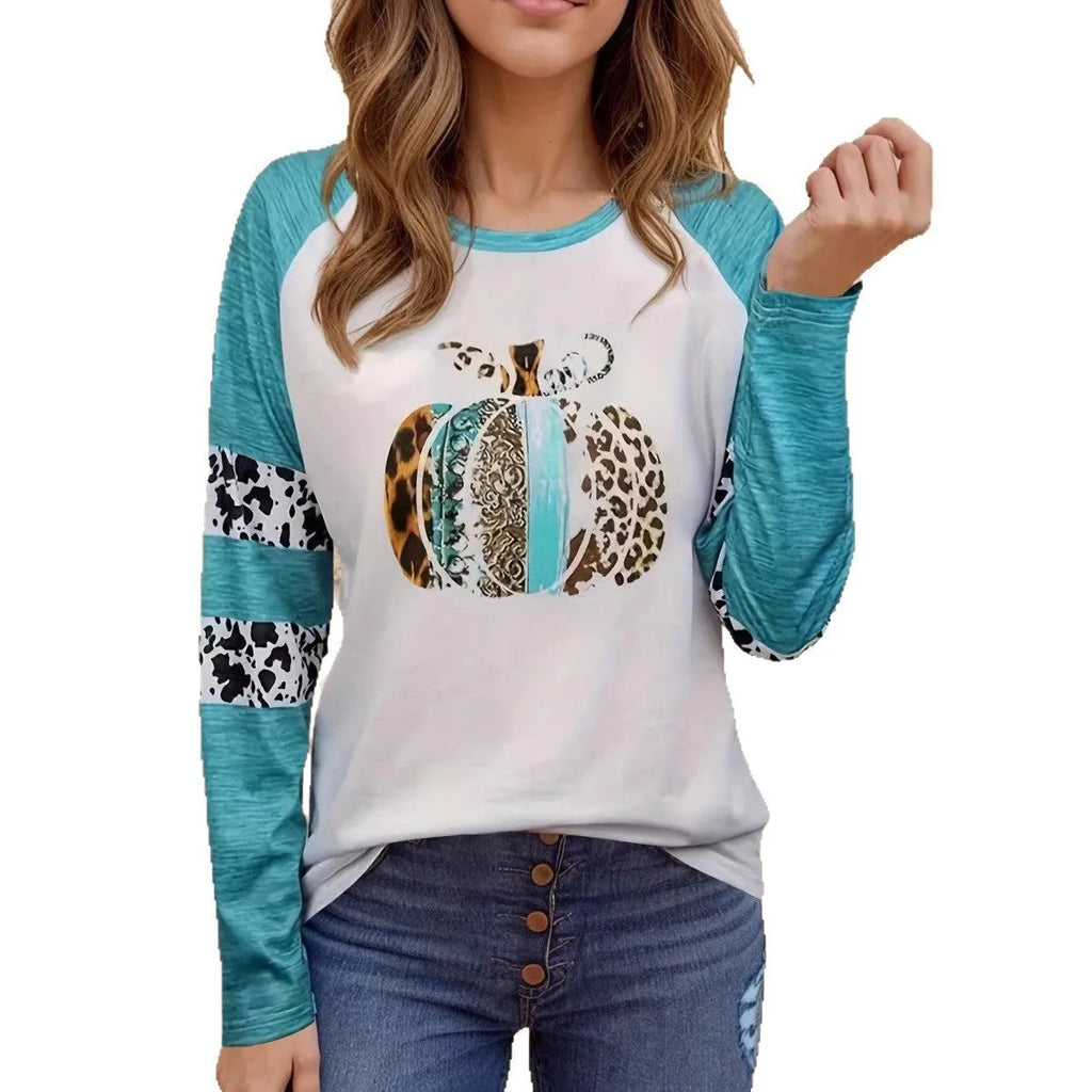 Sky blue polyester T-shirt with white 3D Halloween pumpkin print, long sleeve casual top