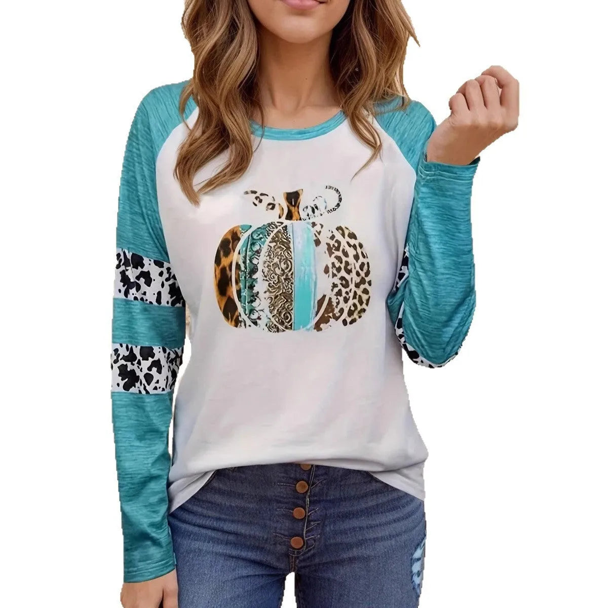 Sky blue polyester T-shirt with white 3D Halloween pumpkin print, long sleeve casual top