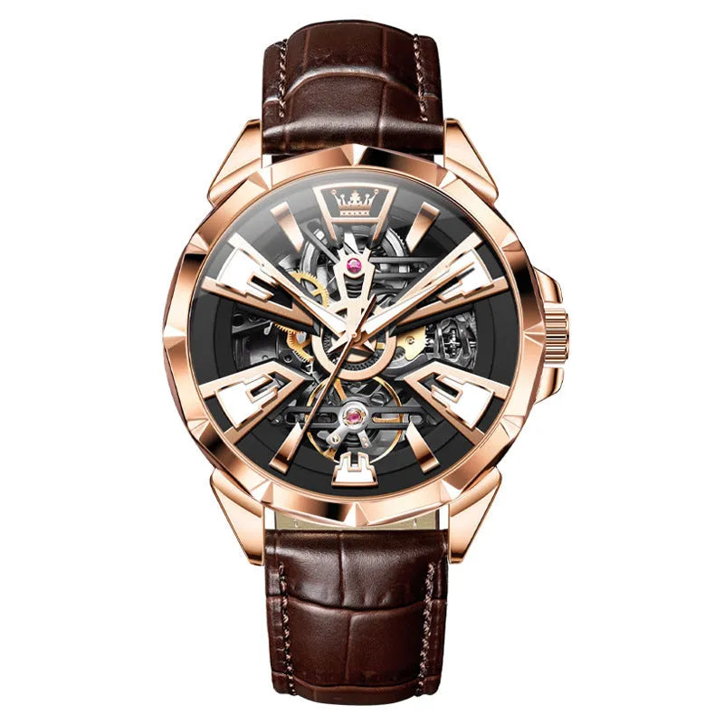 Men's automatic mechanical watch with hollow barrel dial on leather strap, stainless steel case.