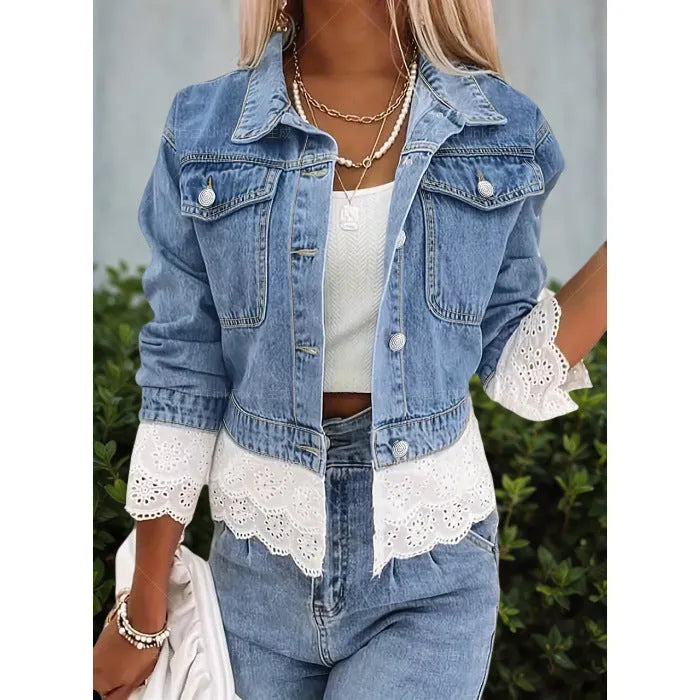 Blue women's denim jacket with decorative lace stitching on the front, long sleeves.