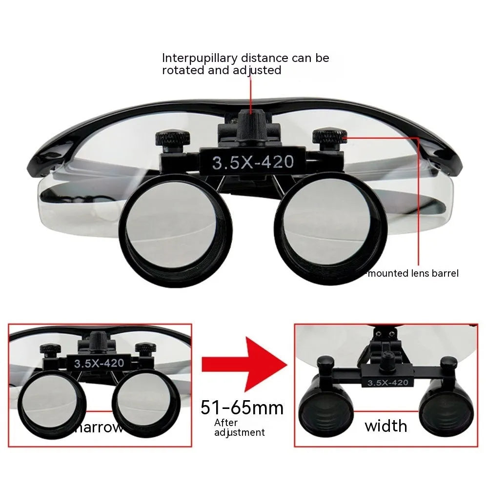 Black plastic head-mounted LED magnifying glass for dental and precision work with 3.5X magnification.