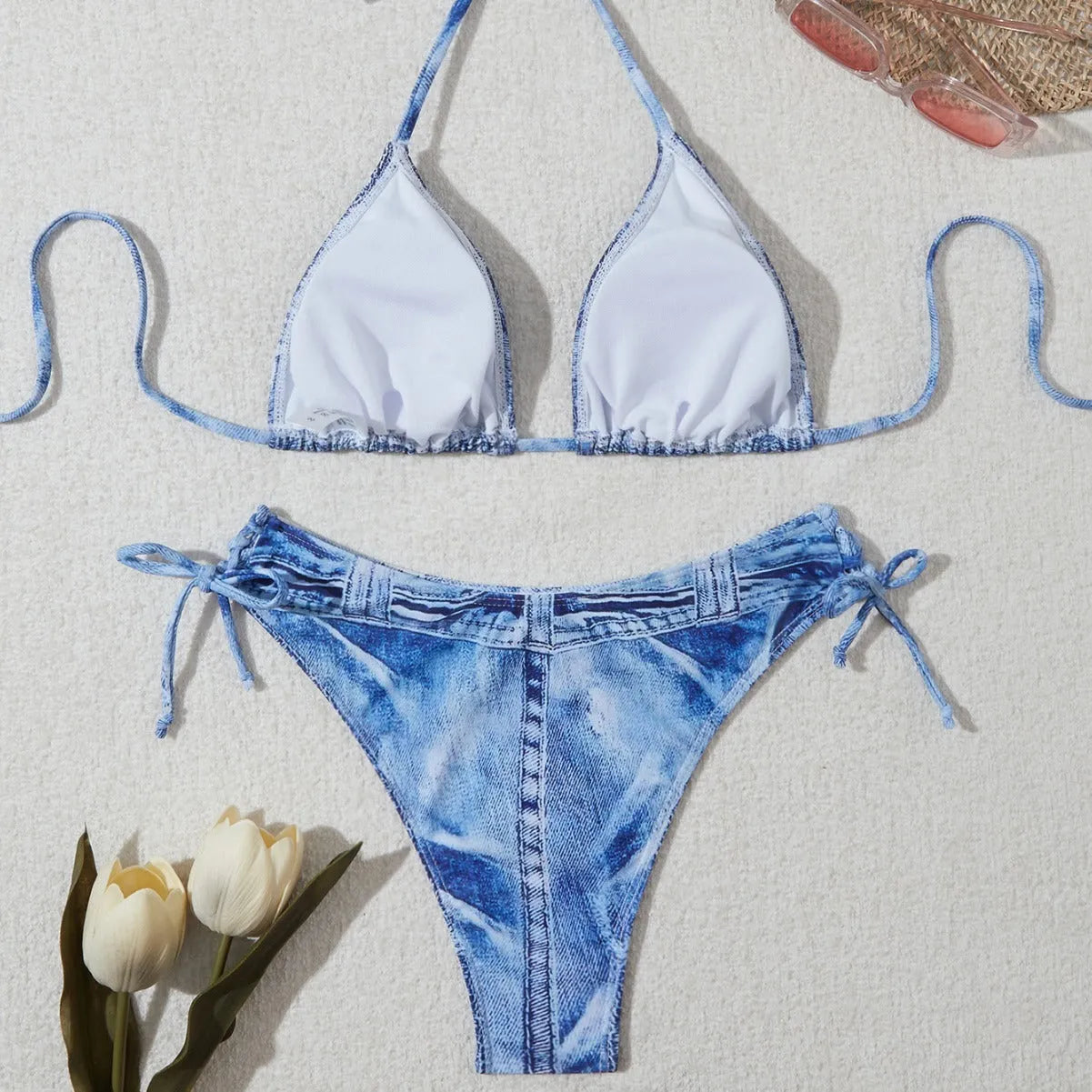 Women's denim blue printed strap bikini set with ruffle detail design