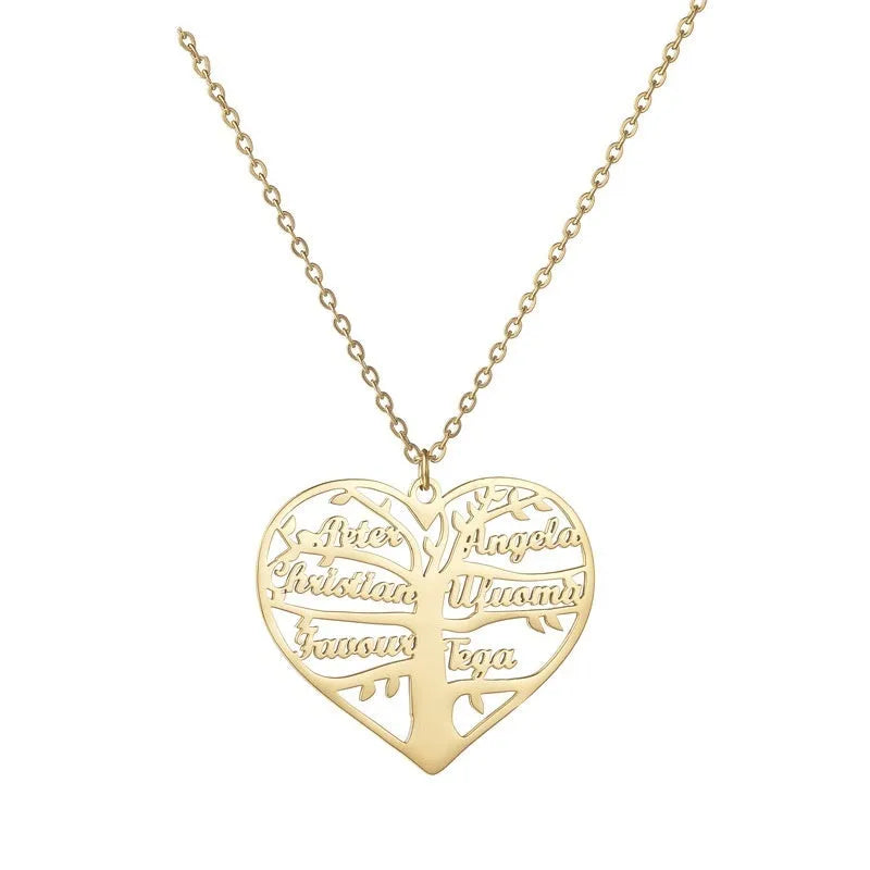 Custom stainless steel necklace with hollow heart and lucky tree pendant, shown in silver, gold, and rose gold finishes.