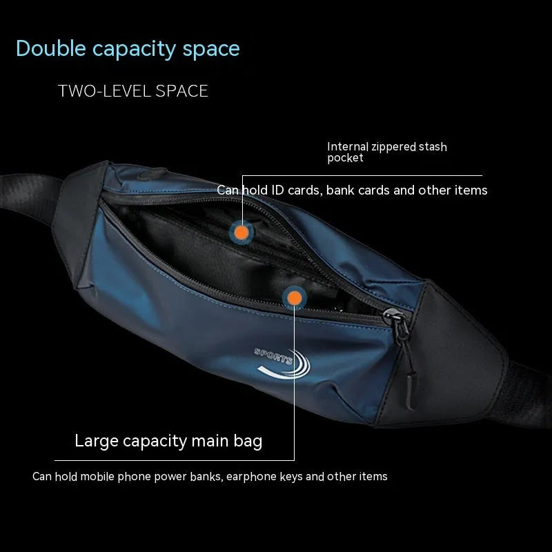 Men's blue waterproof sports waist bag made from Derm Oxford polyester with waist strap