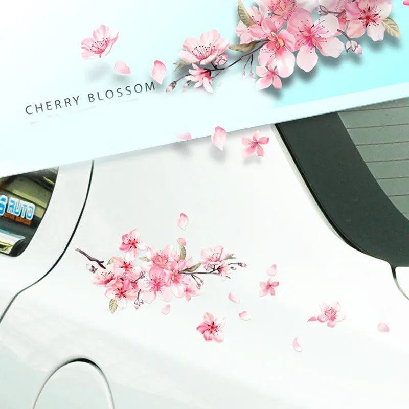 Cherry blossom floral pattern car sticker on a vehicle door, shown in two size options.