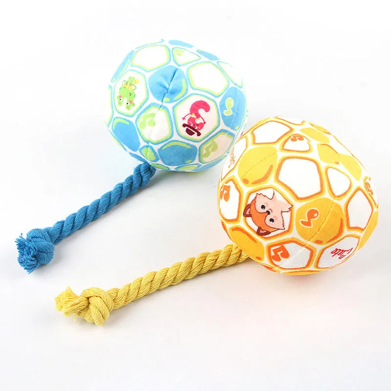 Blue and yellow cartoon football dog chew toy made from cotton rope