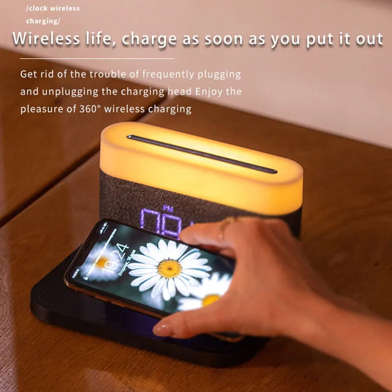 Black wireless charging desktop clock night light table lamp with glass shell