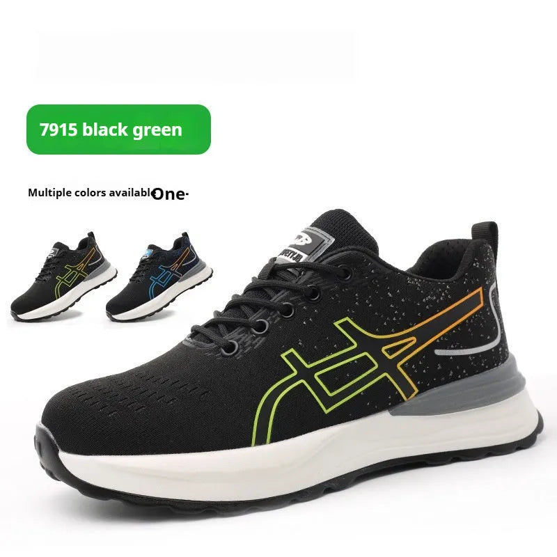 Black and blue low-cut safety shoes with mesh upper for industrial protection