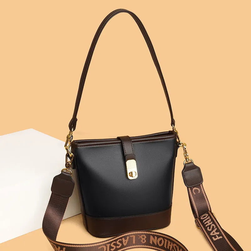 Korean style soft PU bucket bag with double shoulder straps and internal organisation compartments