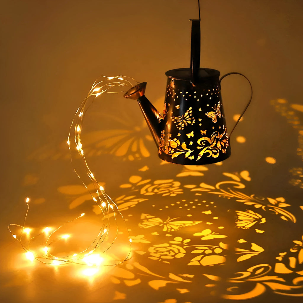 Solar garden lamp with iron butterfly pattern design and warm white LED lighting