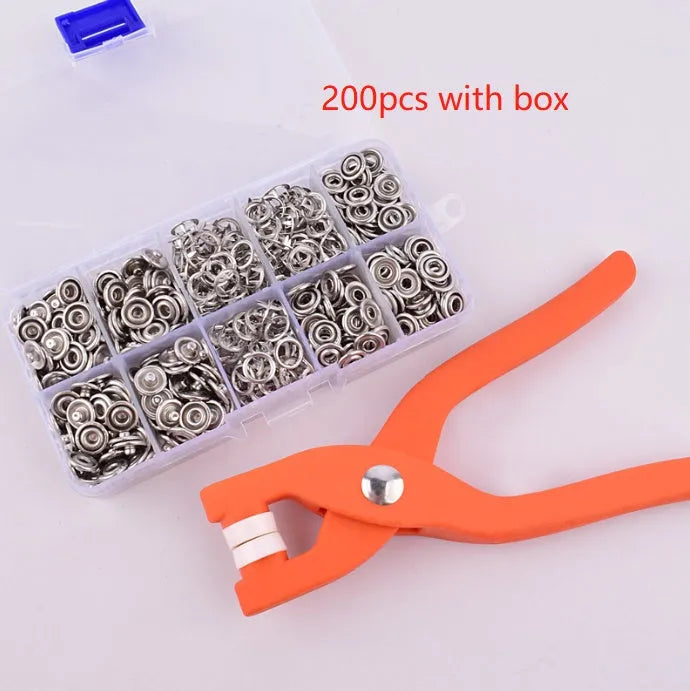 Five claw no-sew button fastener tool and stainless steel buttons for children's clothing.