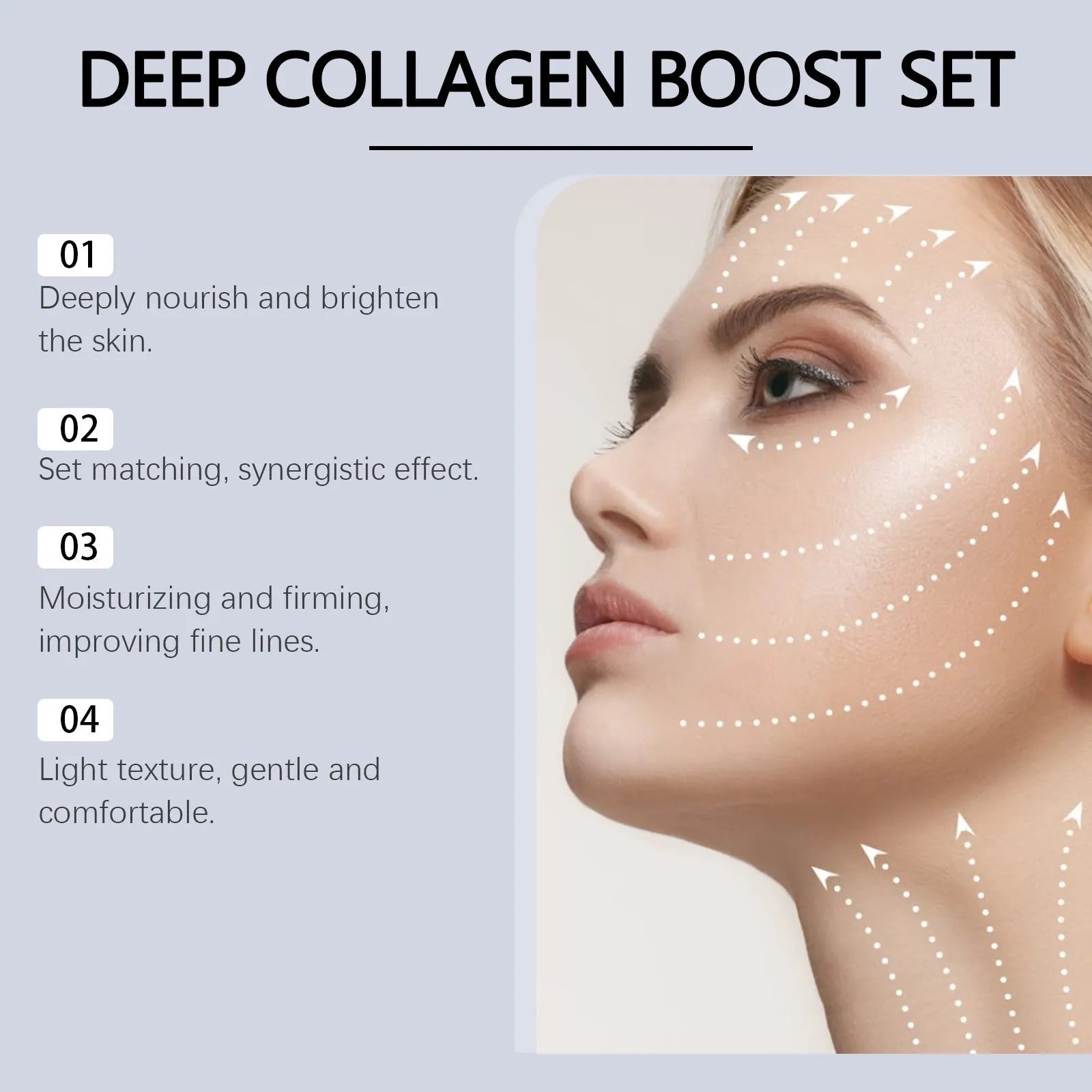 Single-use collagen moisturising facial sheet mask and 30ml essence sachet.