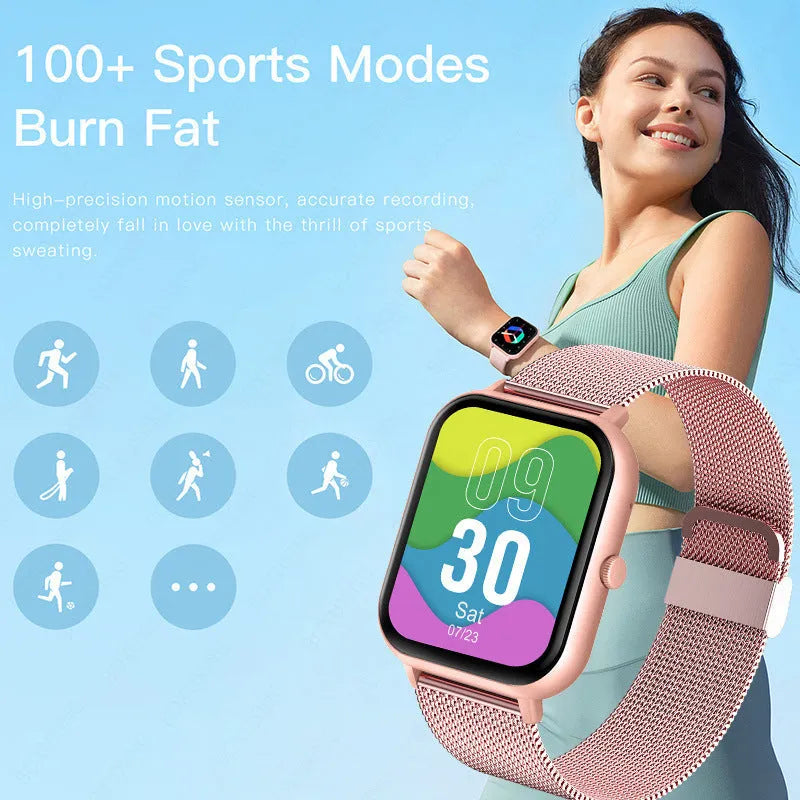 Smart watch with AMOLED screen showing health metrics and call function
