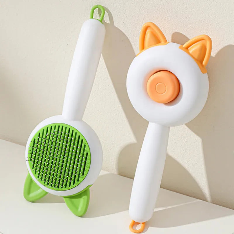 Self-cleaning pet grooming comb with stainless steel pins and massage tips in greenish white colour