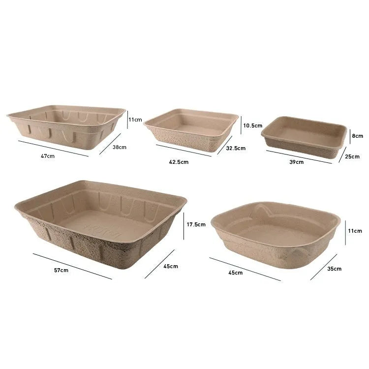 A brown disposable cat litter box showing its three available size options.