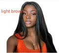 Long black straight hair wig with centre-parted bangs on a mannequin head.