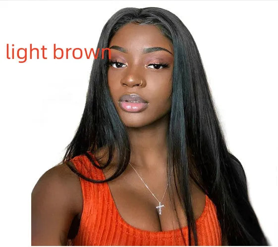Long black straight hair wig with centre-parted bangs on a mannequin head.