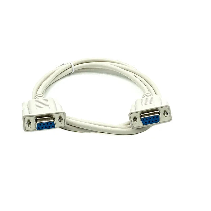 Milky white female-to-female RS232 serial cable with DB9 connectors showing 1.5 metre length