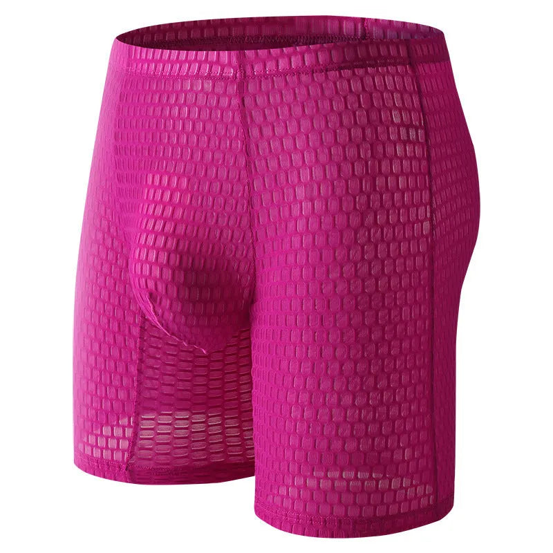 Men's solid colour lace boxer shorts in a lengthened, hip-lifting design on a white background.